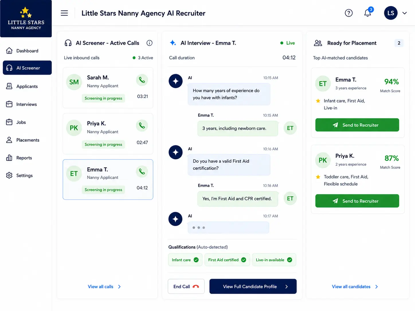 AI nanny recruitment dashboard