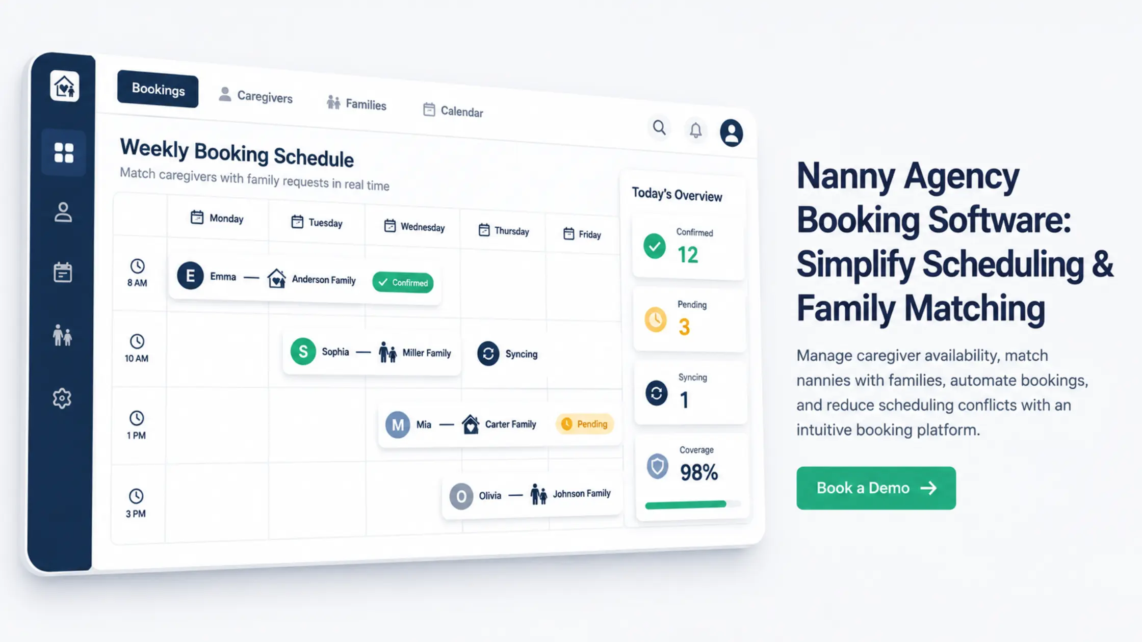 Nanny agency booking software dashboard showing a weekly schedule matching caregivers to families with confirmed, pending, and syncing status indicators