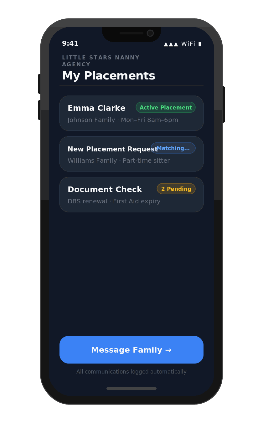 Nanny agency mobile app showing placement management dashboard