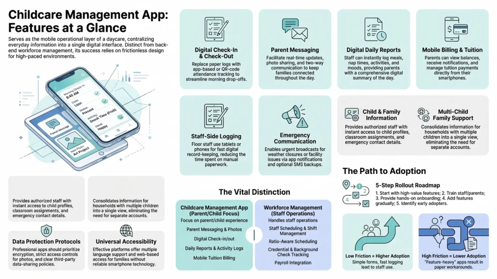 Core childcare management app features for daycare parents and staff