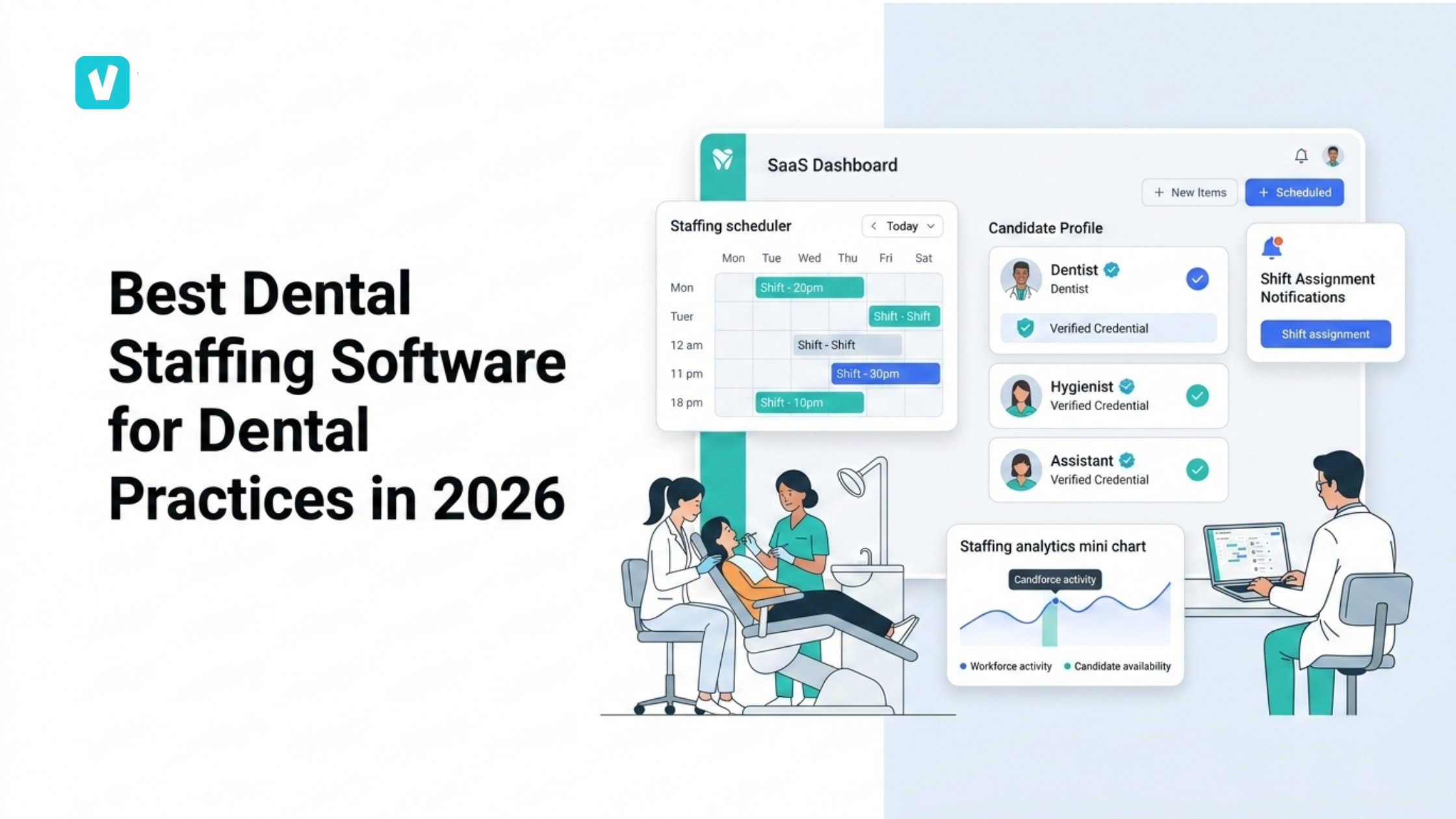 Dental staffing software dashboard illustration showing scheduling calendar, candidate profiles, and workforce management for dental practices.