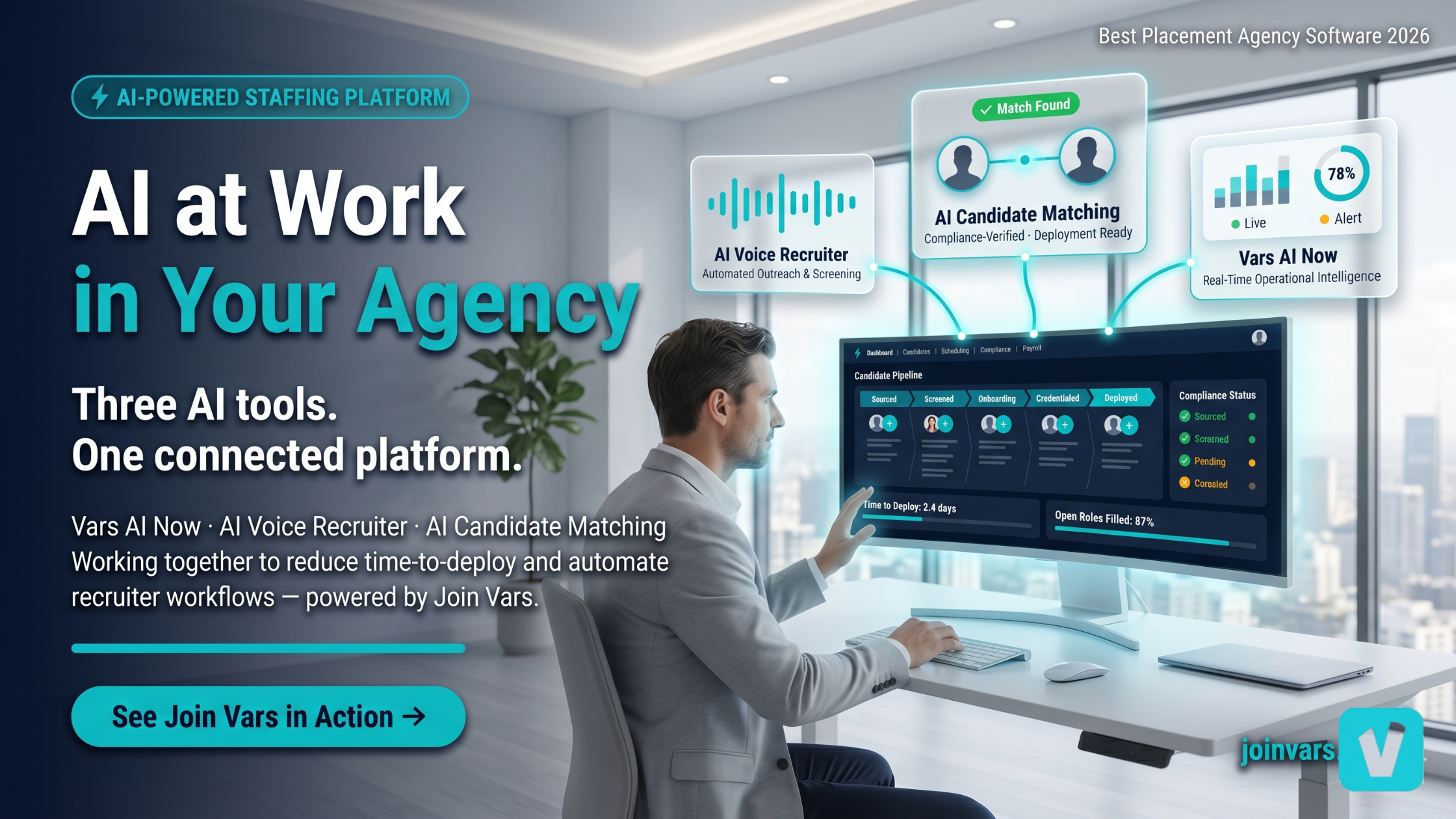 AI-powered placement agency software showing Join Vars AI Voice Recruiter, AI Candidate Matching, and Vars AI Now in a modern staffing agency office