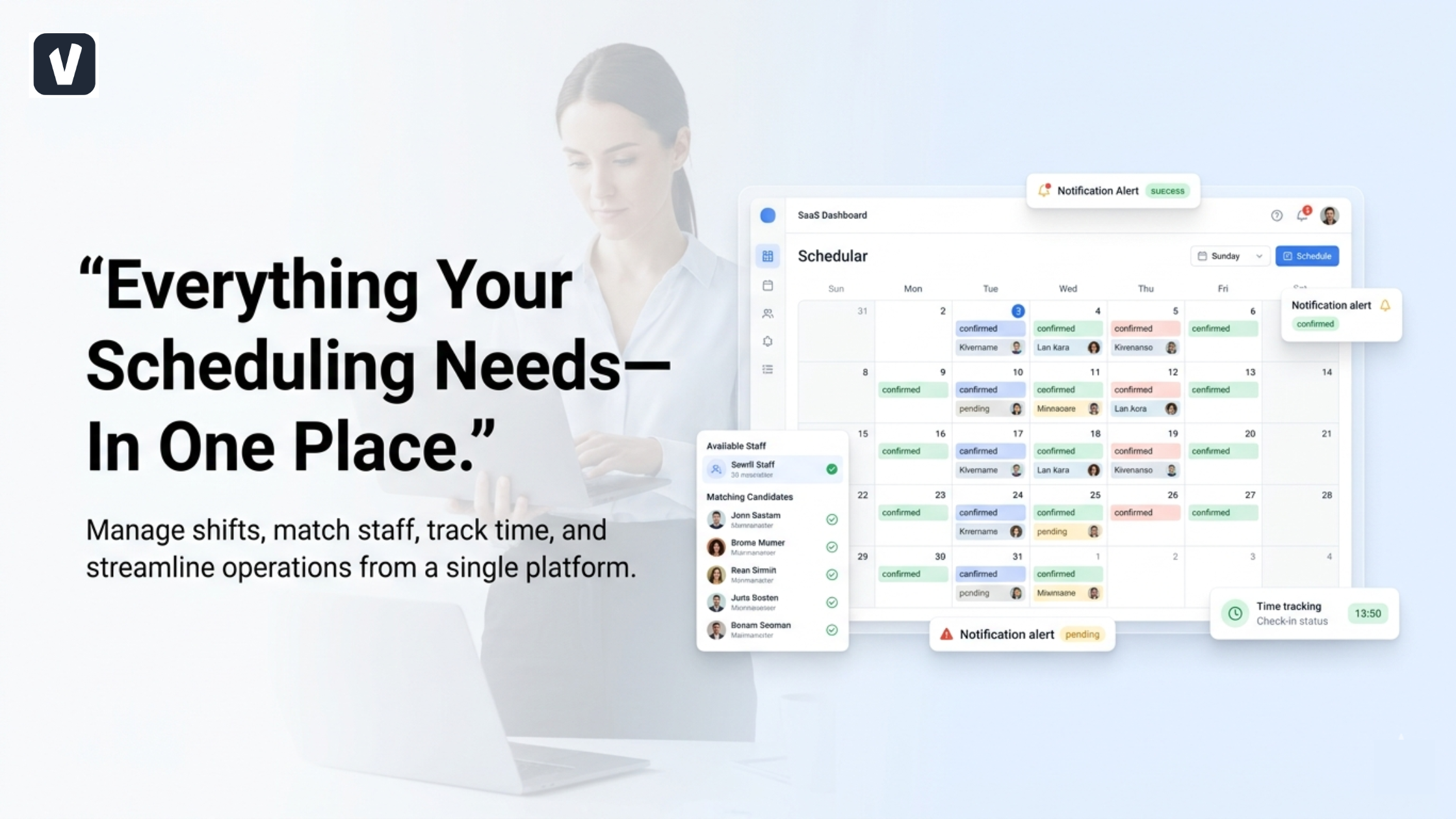 Modern staffing scheduling software dashboard with calendar view, shift assignments, and workforce management interface