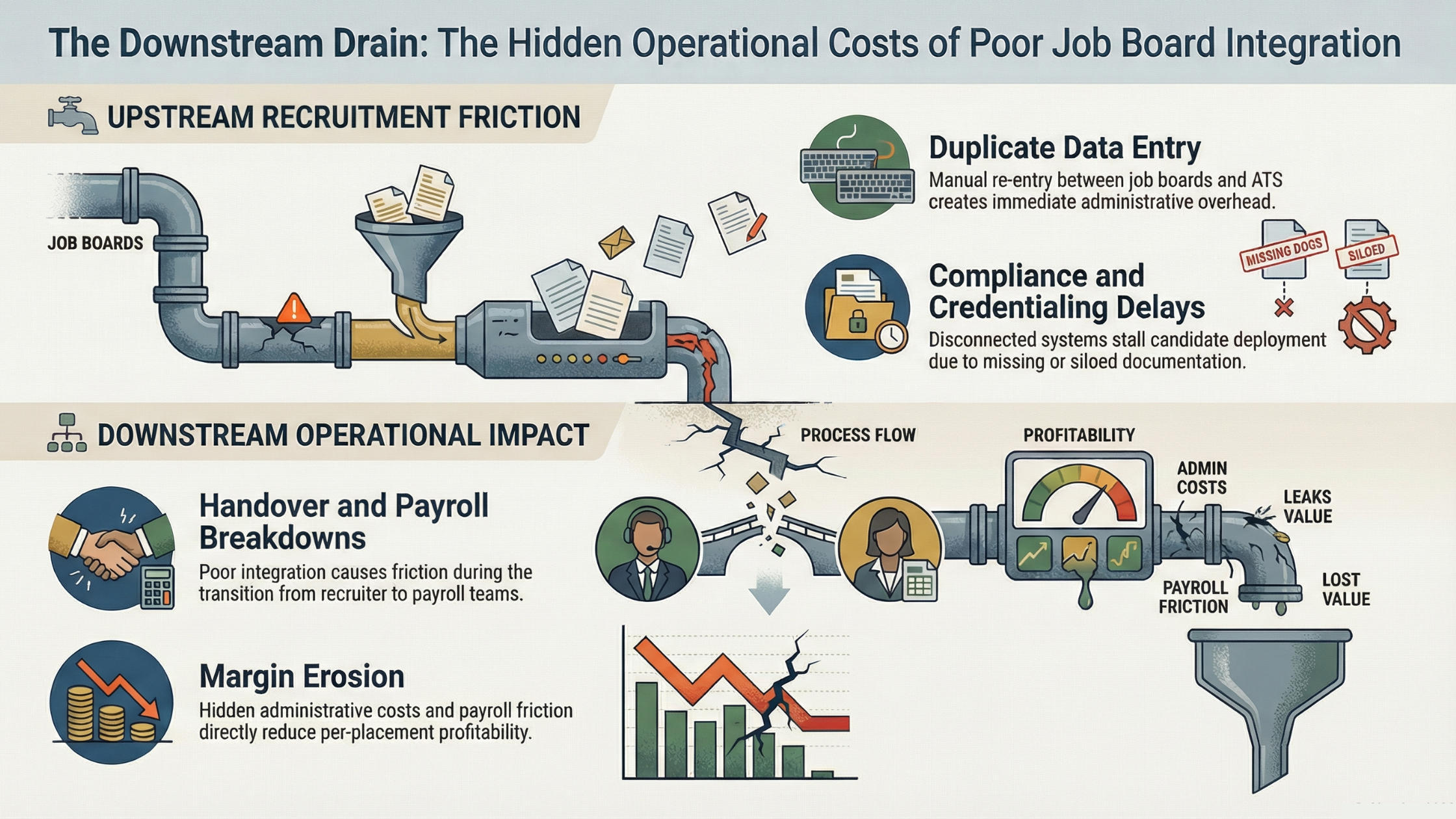 Infographic showing the hidden operational cost of poor job board integration in staffing agencies, highlighting duplicate data entry, compliance gaps, deployment delays, and payroll inefficiencies.