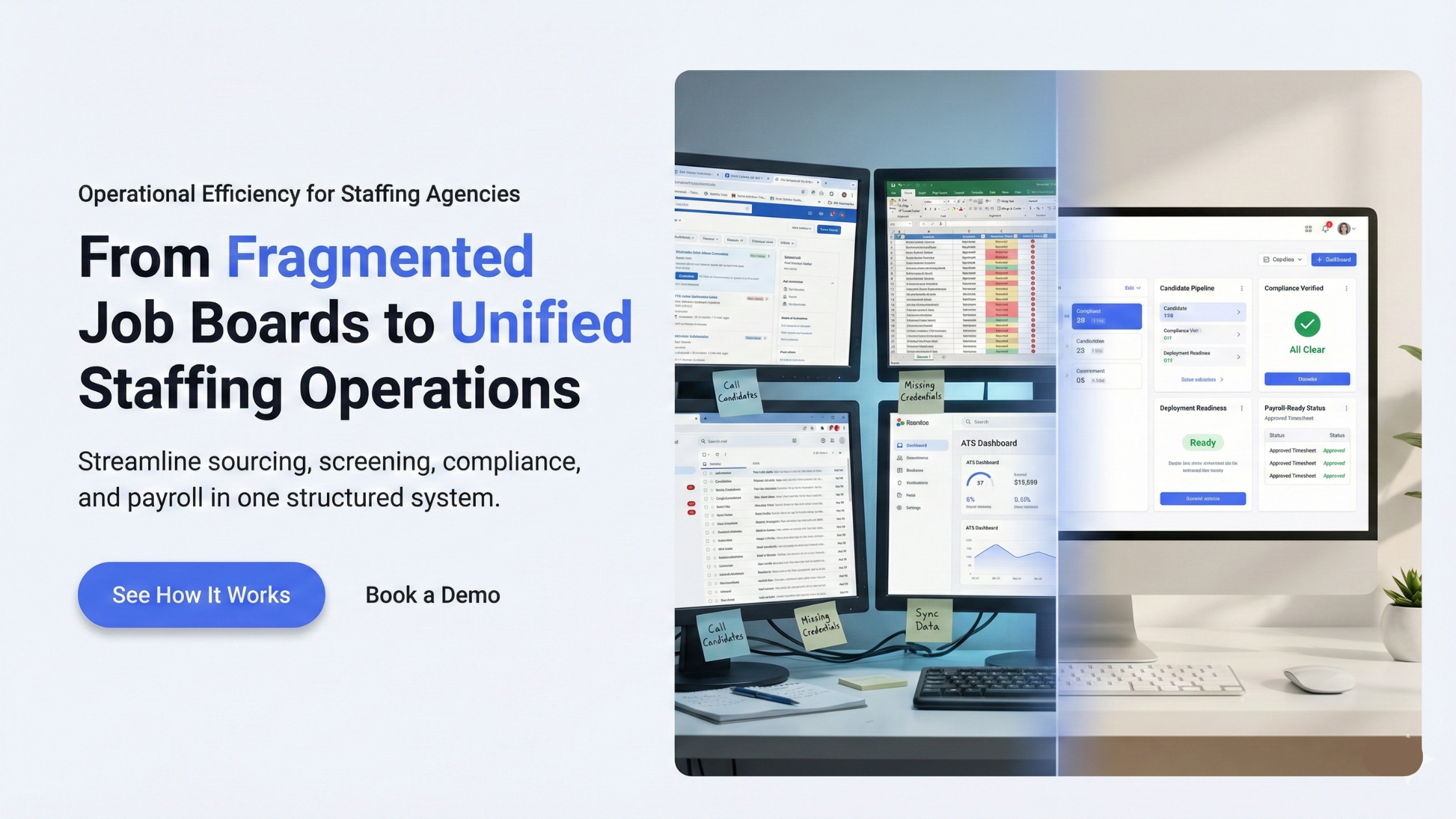 Split-screen SaaS banner showing fragmented job board workflow with multiple systems on the left and unified staffing operations dashboard with compliance and payroll visibility on the right.