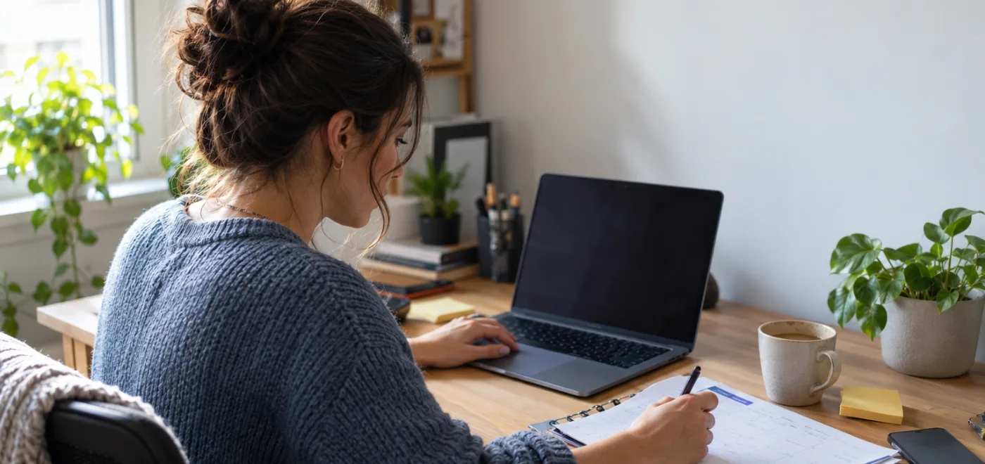 Childcare agency coordinator reviewing the weekly schedule at her desk