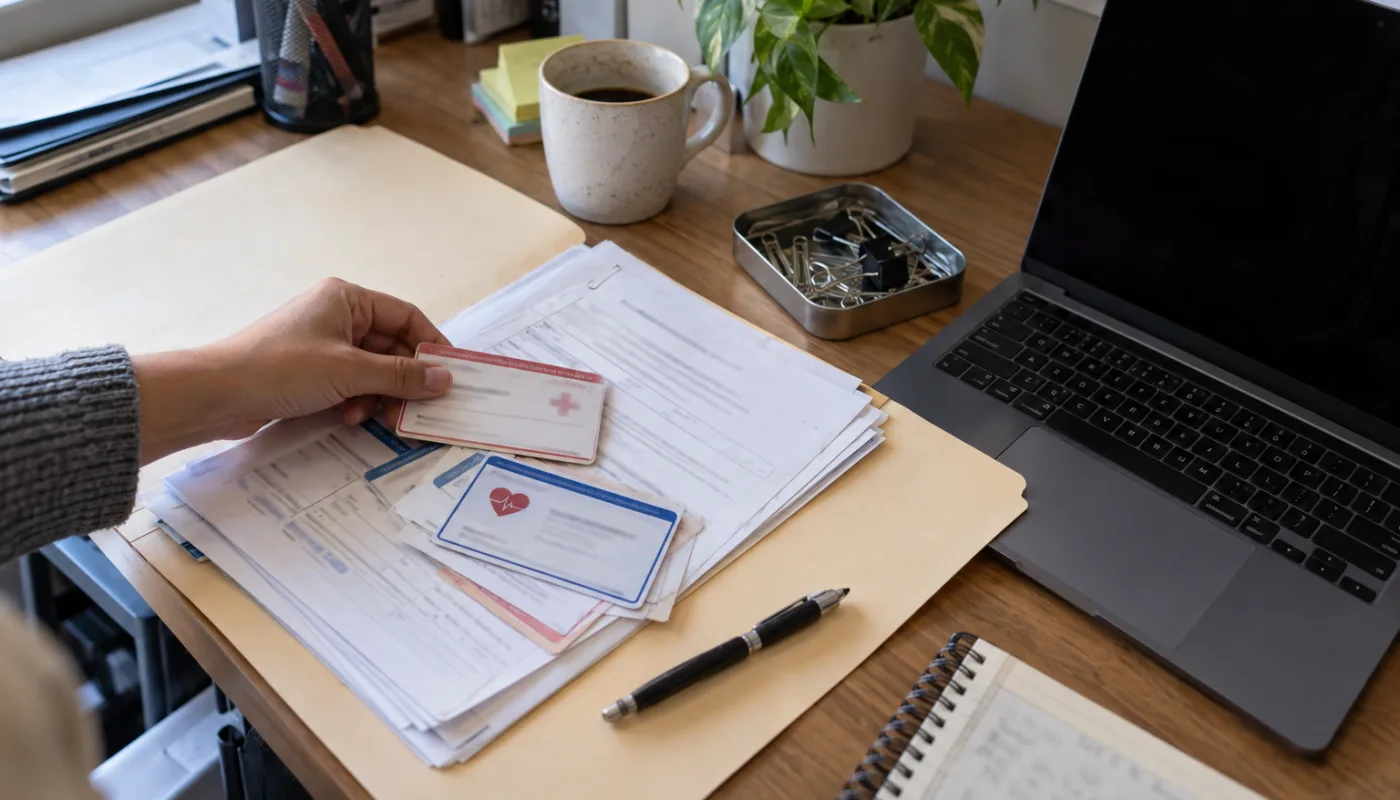 Manager sorting staff certification cards and forms at a desk
