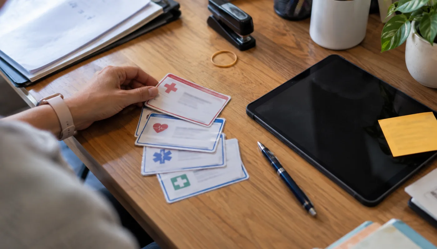 Staff certification cards beside a tablet on a staff-room table