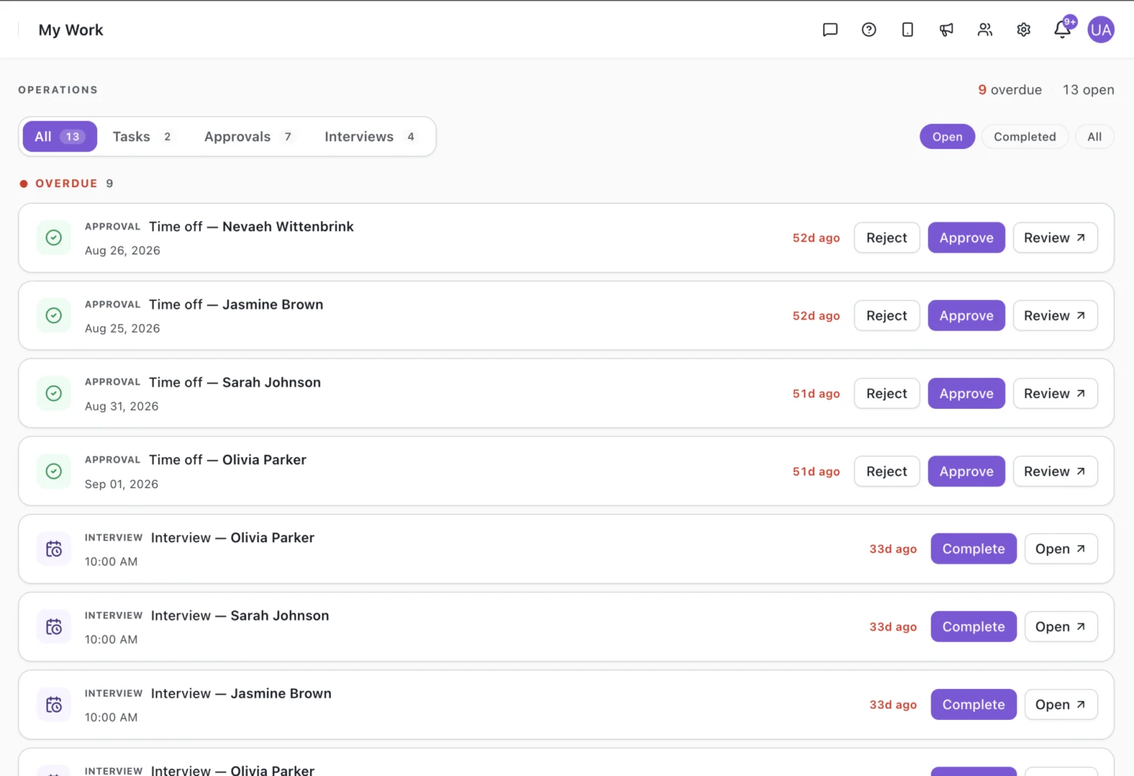 Vars approvals queue with time-off requests and interviews waiting for review